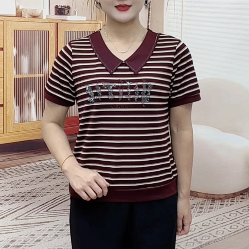 夏季新款烫钻V领欧若休闲风条纹中老年气质妈妈装洋气百搭上衣