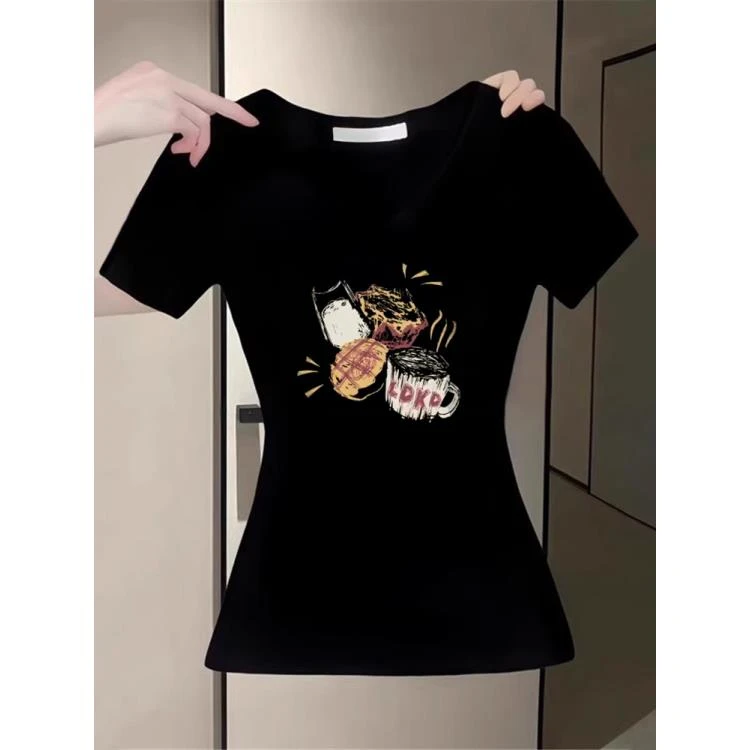纯欲风辣妹新款夏季V领正肩短袖T恤显瘦印花设计感气质收腰上衣女