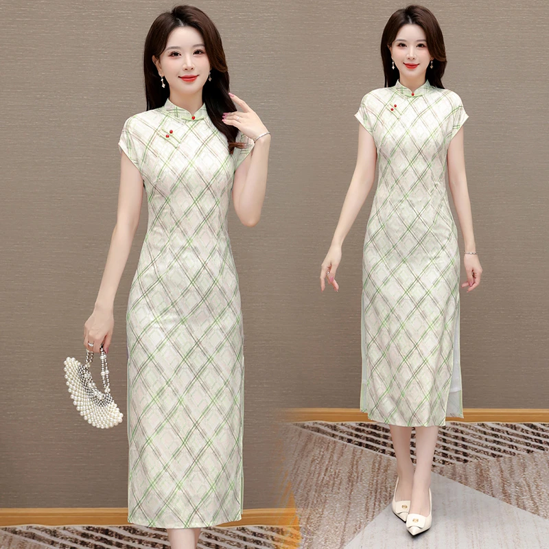 【欧赛雅文】时尚国风旗袍短袖连衣裙2025新款夏季修身气质开叉旗袍