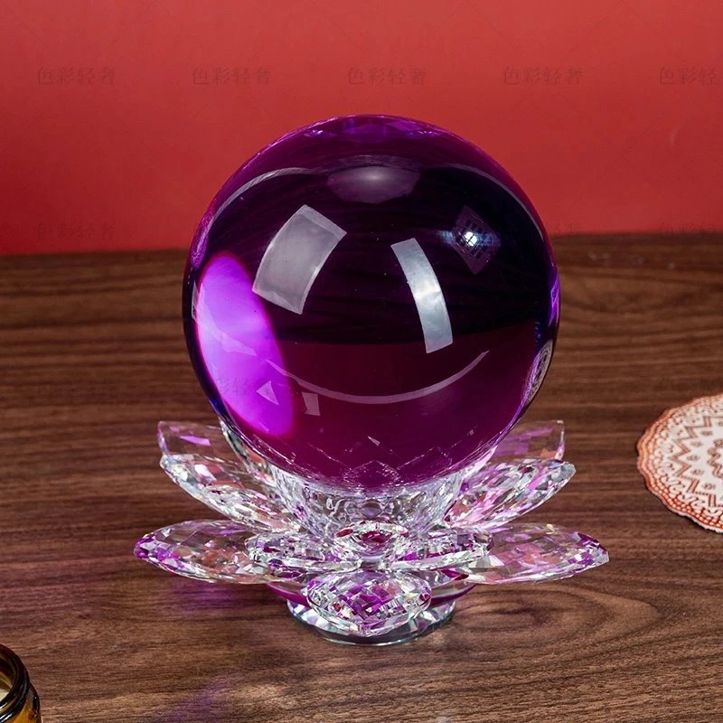 新款紫色大号手工圆形粉色透明发光水晶球莲花摆件创意轻奢高档