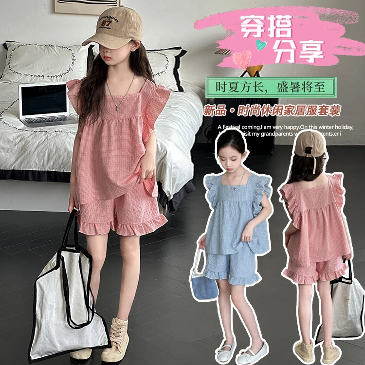 女童夏装套装新款小女孩甜美小清新飞袖上衣花边短裤两件套2025年