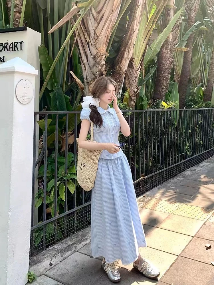 2025新款蓝色条纹娃娃领衬衫女夏季a字半身长裙海边度假两件套装