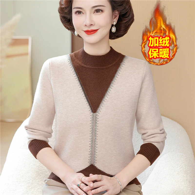 4050岁妈妈秋冬假两件毛衣一体绒针织打底衫新款女装加绒加厚上衣