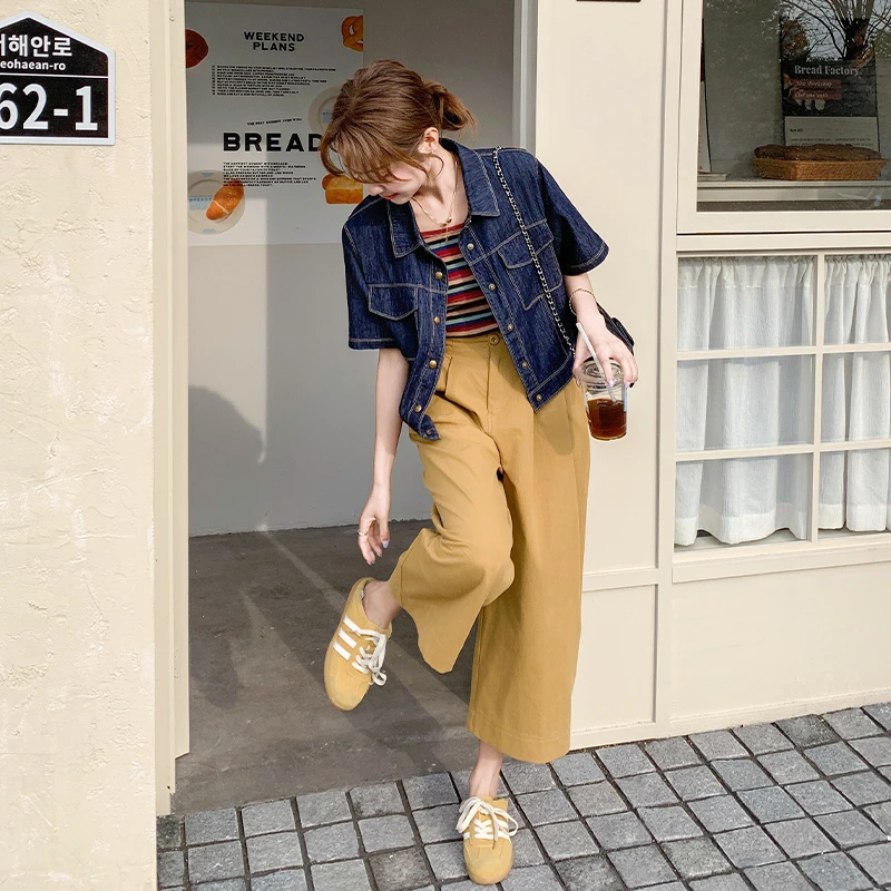 2025新款夏季时尚显瘦短袖牛仔衣短外套高腰直筒裤休闲套装女夏潮