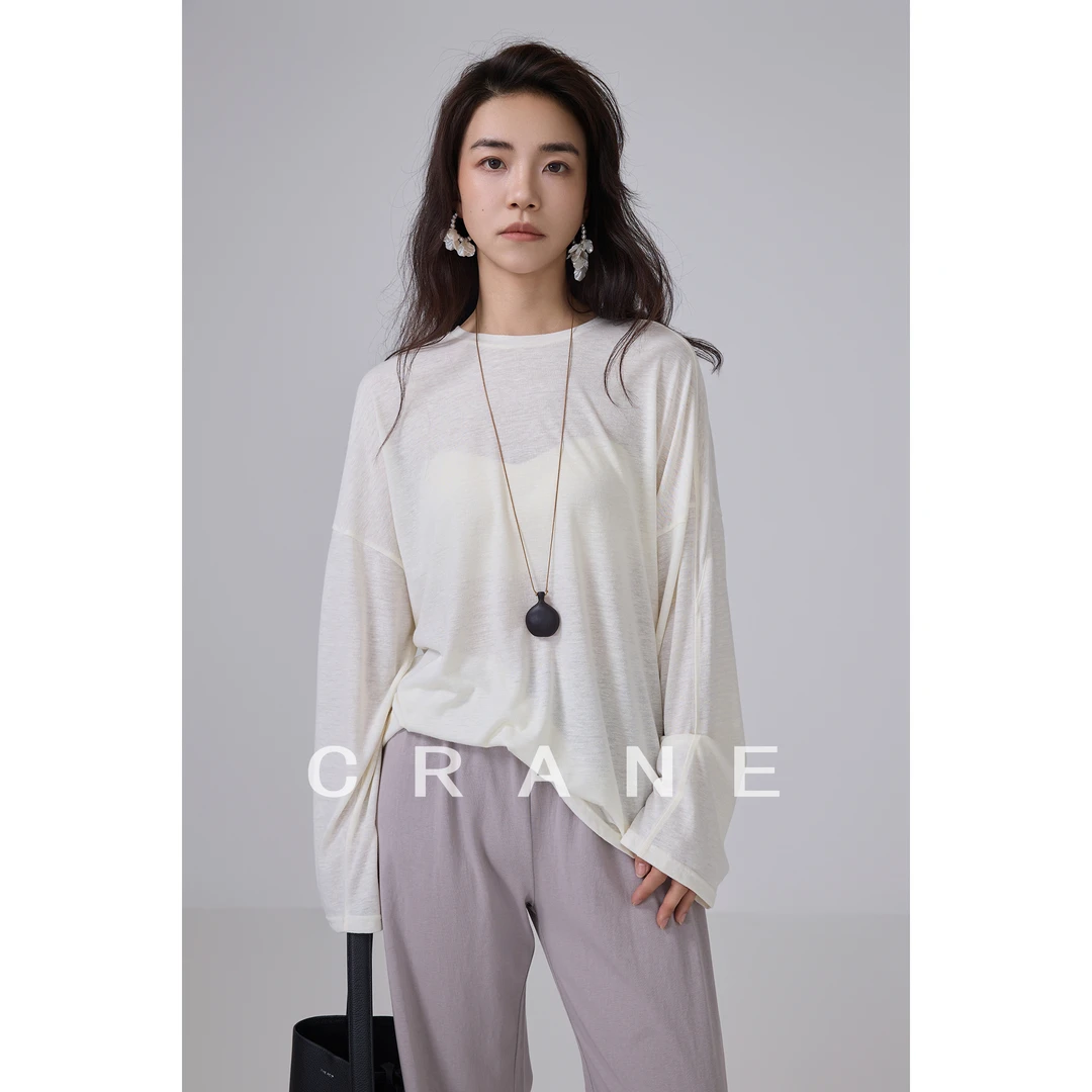 【CRANE】25早秋裸肤感软垂高弹亚麻针织多穿一字领蝙蝠袖空气T恤