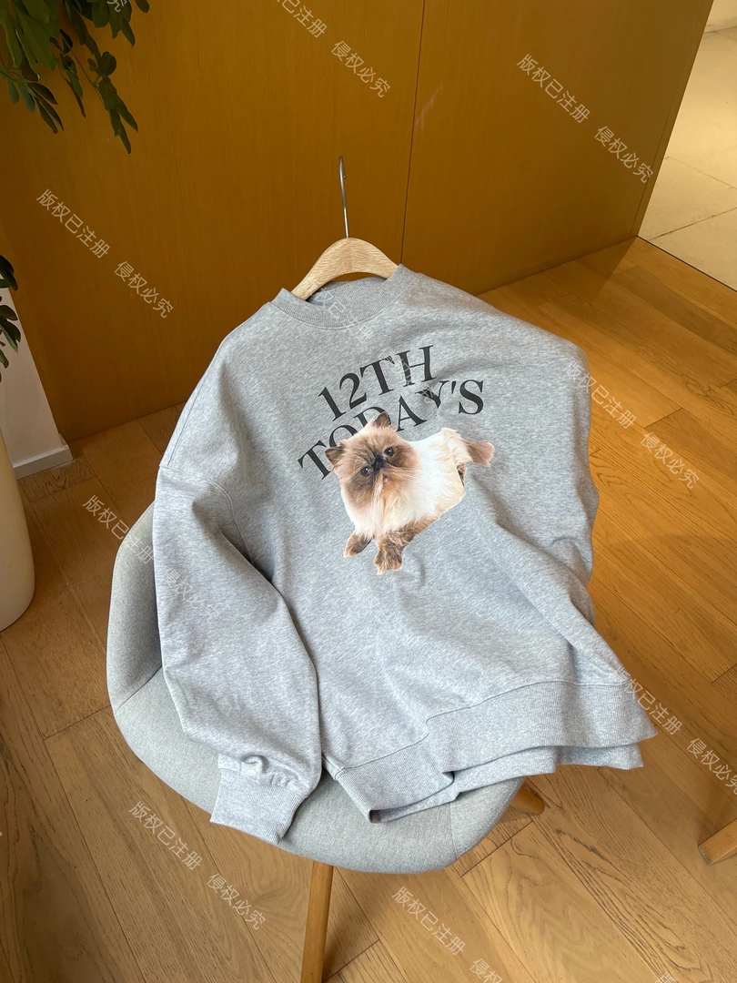 【暹罗猫 * 花灰色】圆领毛圈底卫衣宽松狗狗印花卫衣女新款
