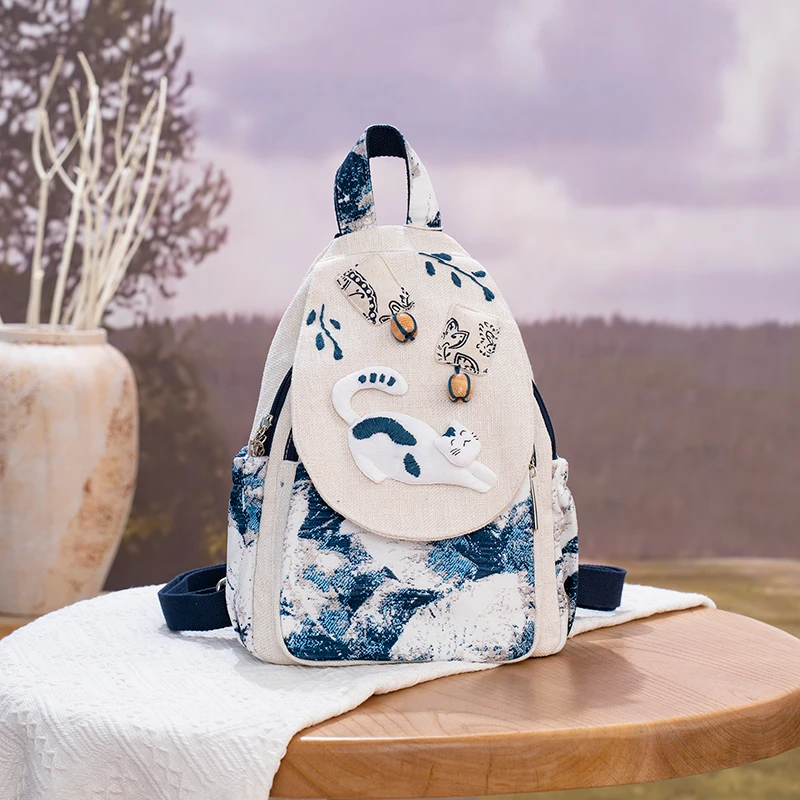 特色手工刺绣棉麻双肩背包俏皮猫咪图案时尚百搭休闲轻便单肩包