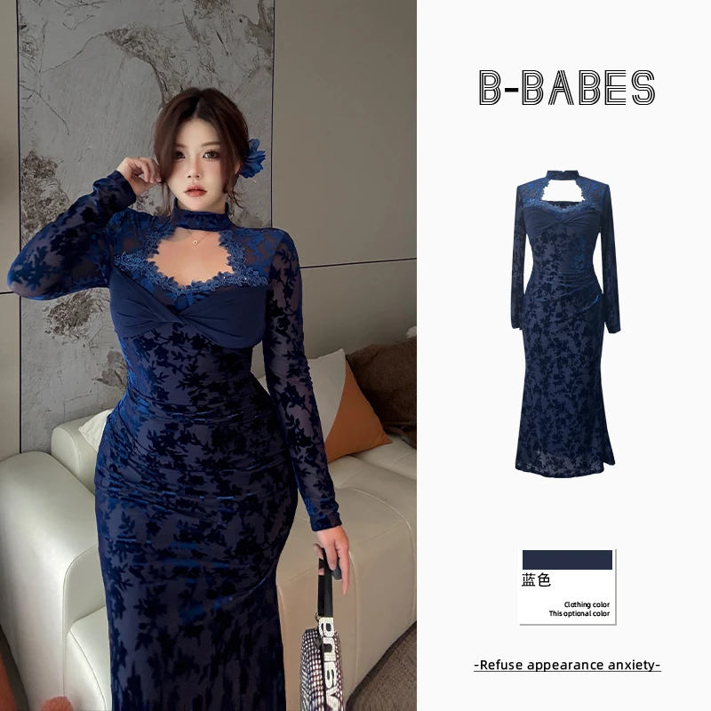 B-babes【忽逢林深】提花镂空拼接长袖立领连衣裙微胖修身包臀长裙