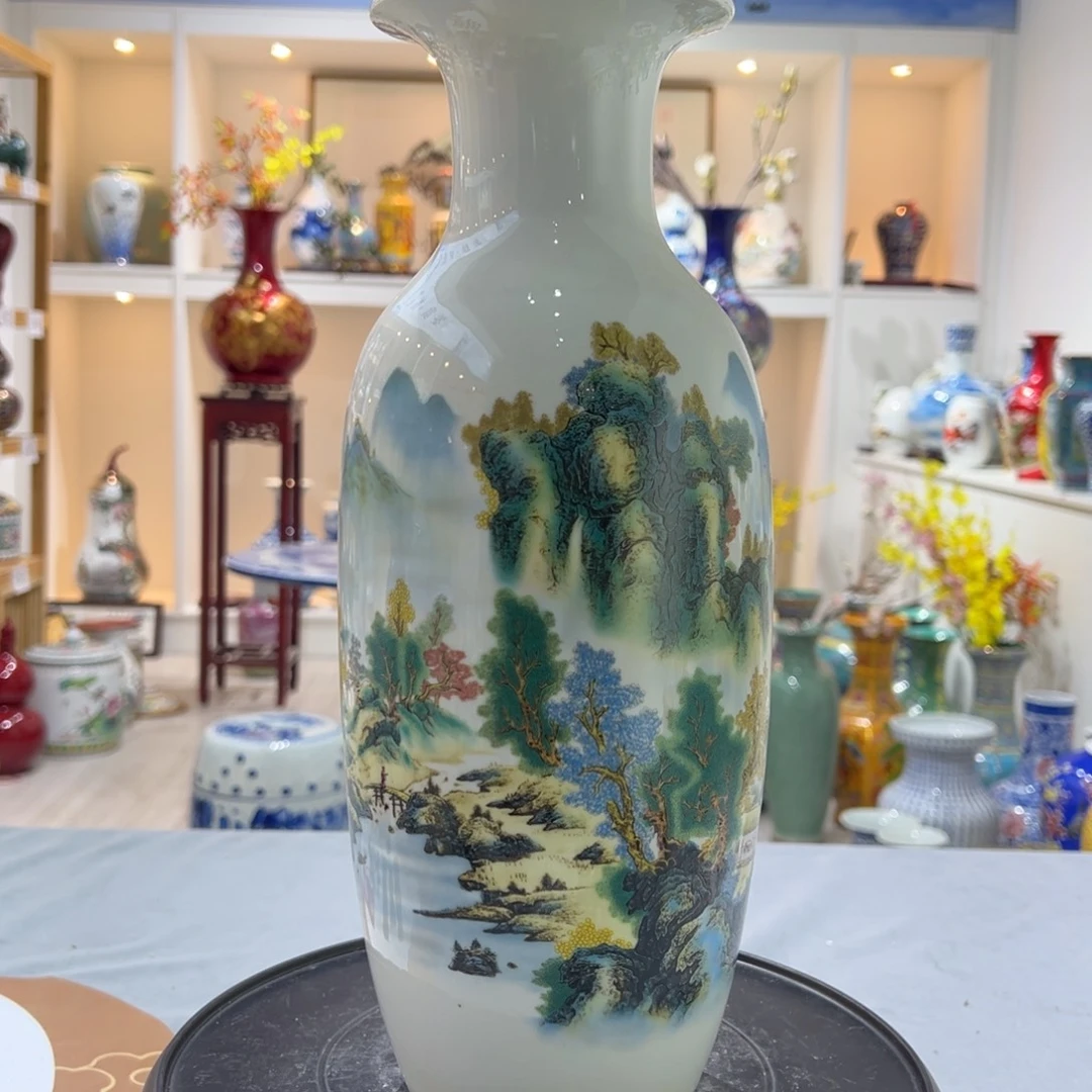 陶摆件36cm山川秀色冬瓜瓶