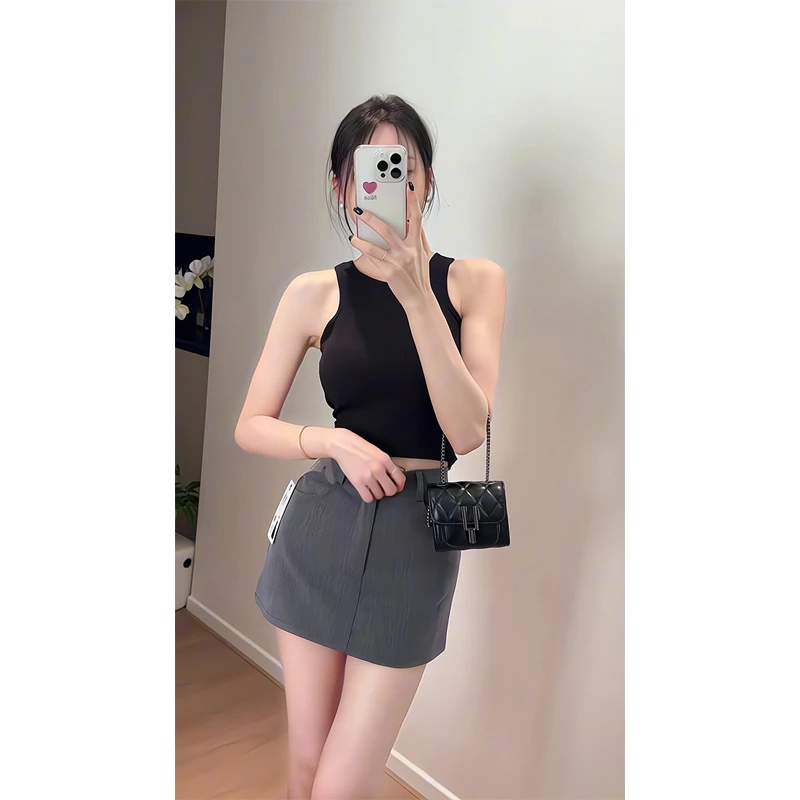 美背吊带背心外穿显瘦无袖短款上衣纯色半身裙高腰a字包臀裙子女