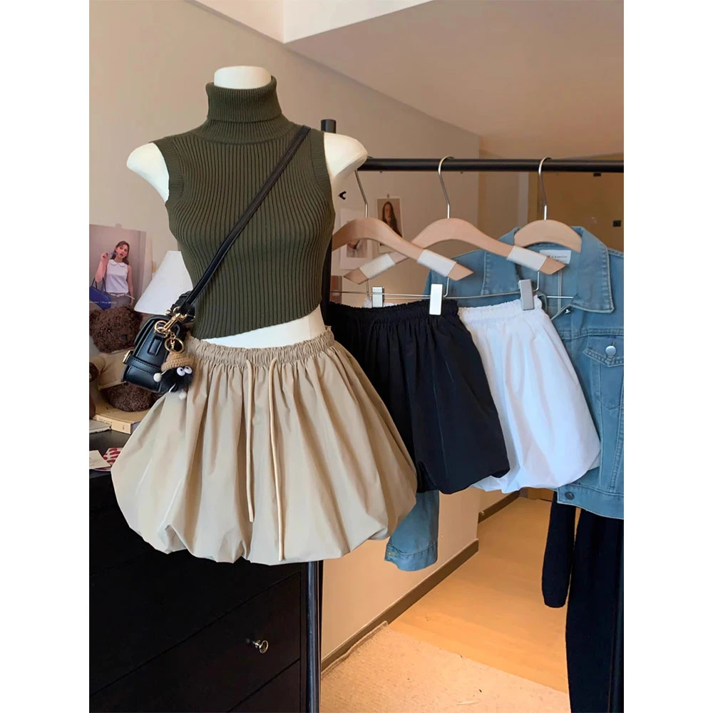 气质复古纯色抽绳半身裙短裙女2025年夏季小个子高腰蓬蓬裙花苞裙