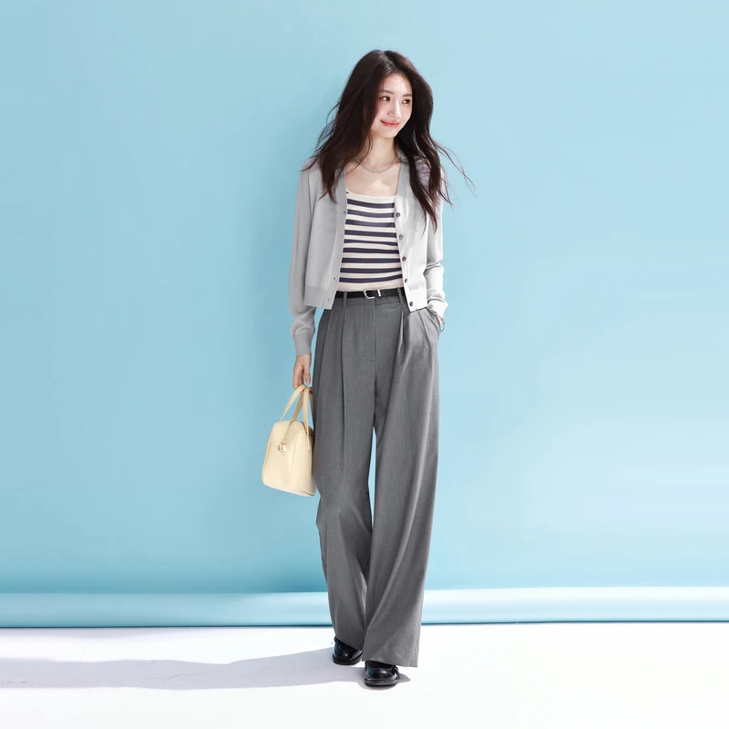 伊芙丽时髦百搭柔软棉感阔腿长裤西装休闲裤春季欧若风