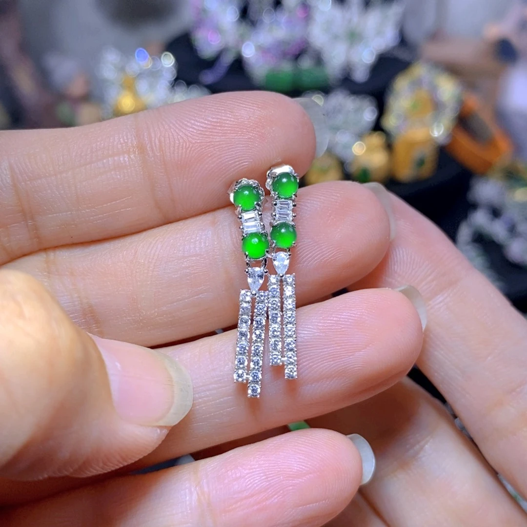 翡翠银S925镶嵌耳饰天然翡翠