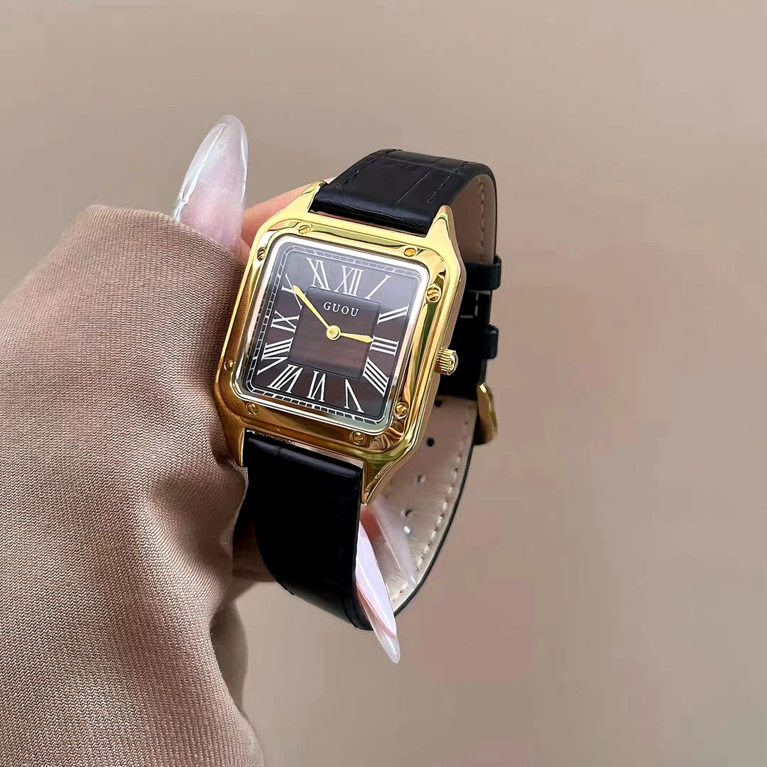 方形金真皮腕表复古时尚百搭小众精致防水女士礼物手表石英表简约