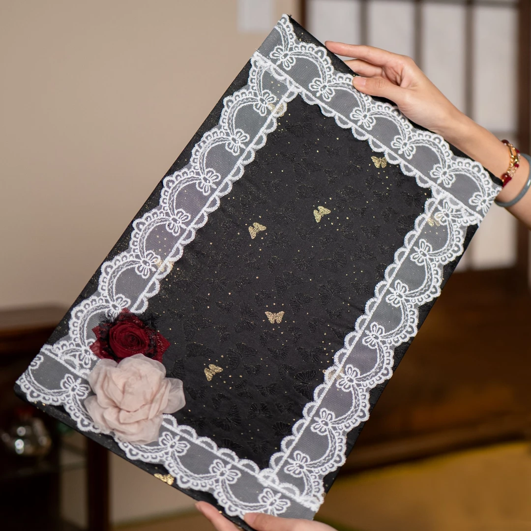 QBS0160 七宝烧 立体玫瑰边框黑金蝴蝶茶席