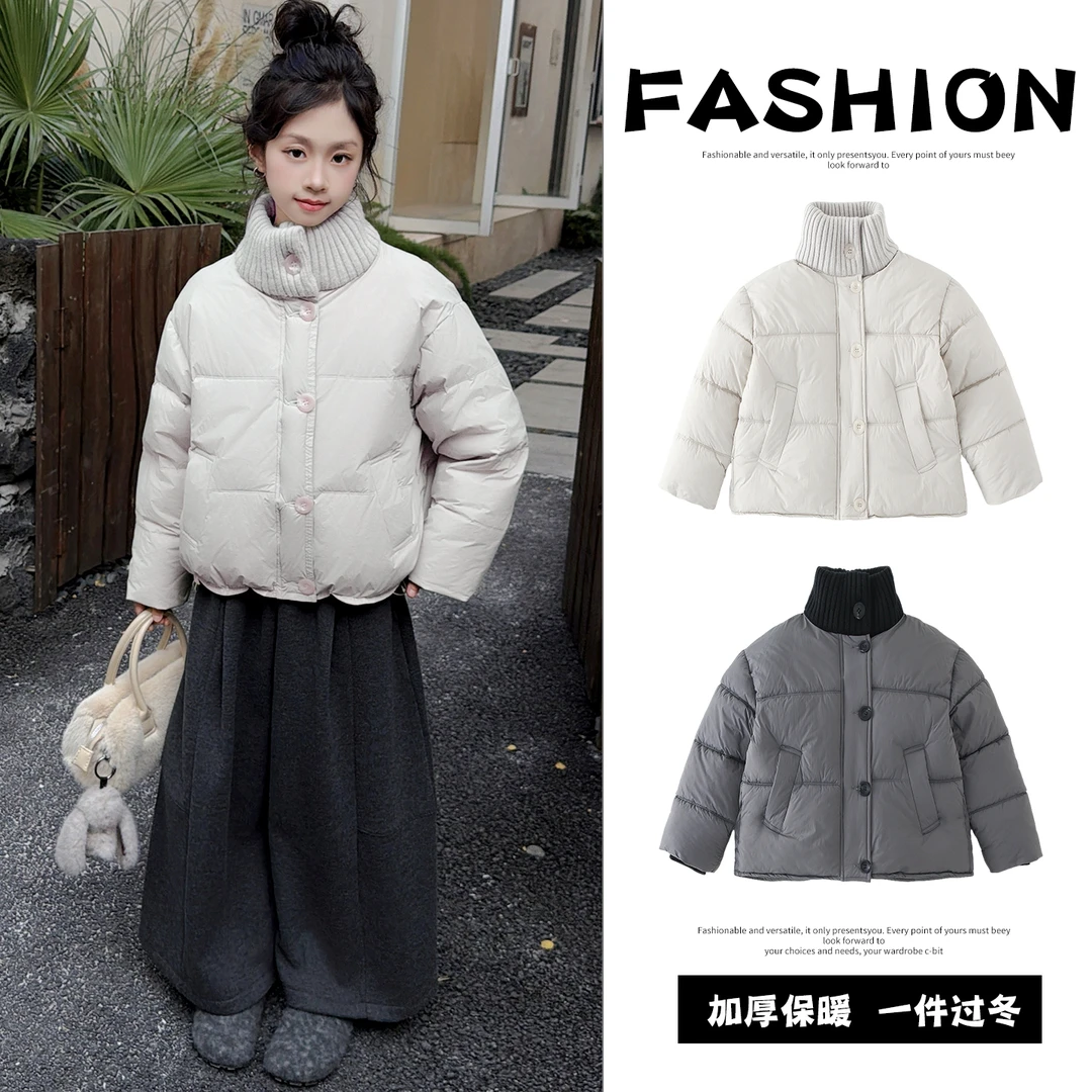 厚款常规款休闲风女童冬季纯色棉袄棉服宽松韩版保暖立领短款加厚