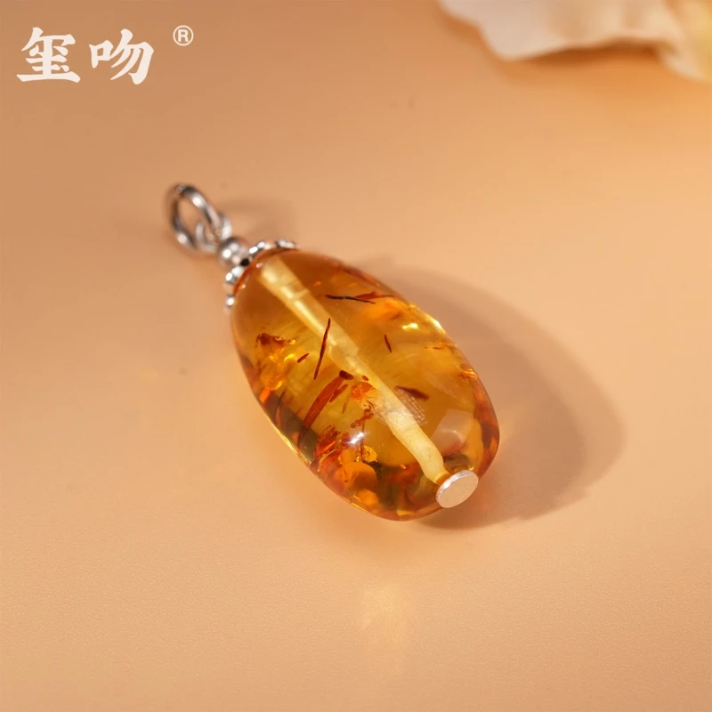 【玺吻】s925银 天然花珀镶嵌吊坠 天然琥珀吊坠
