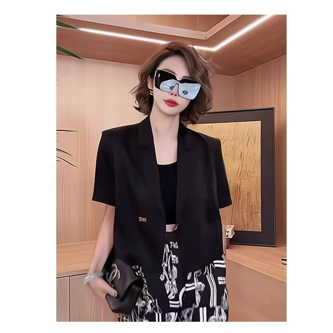 夏季新款黄金缎面上衣高级感时尚黑色小西装外套