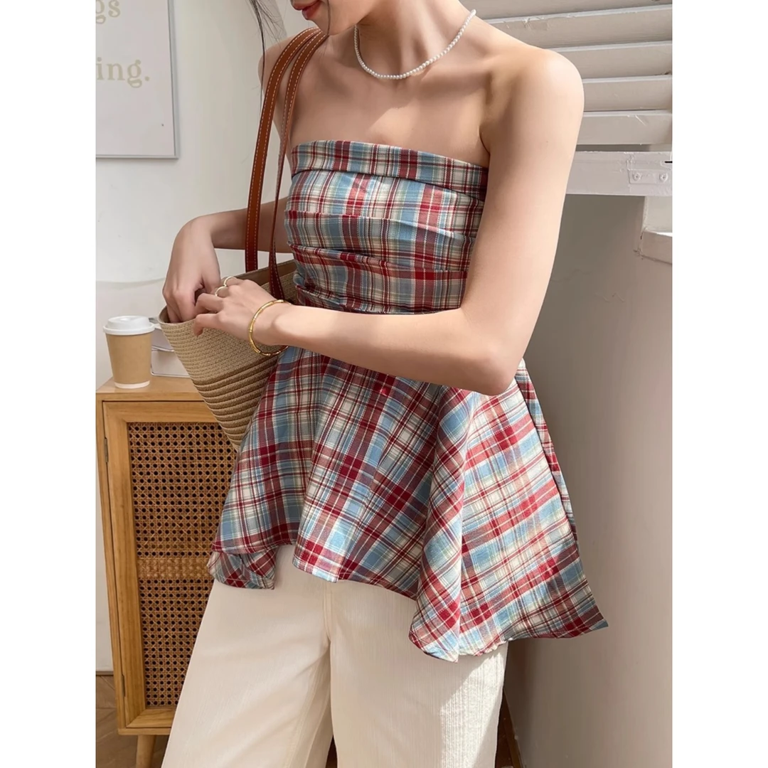 法式格子抹胸吊带背心女内搭夏裹胸无肩带不规则无袖打底外穿上衣