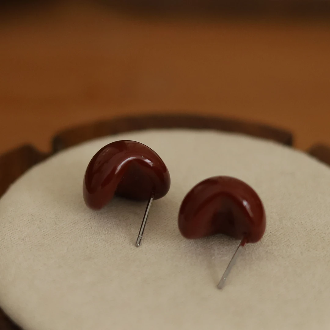非金属亚克力耳饰 E-2412035酒红色异形圆豆豆轻奢高级气质耳钉