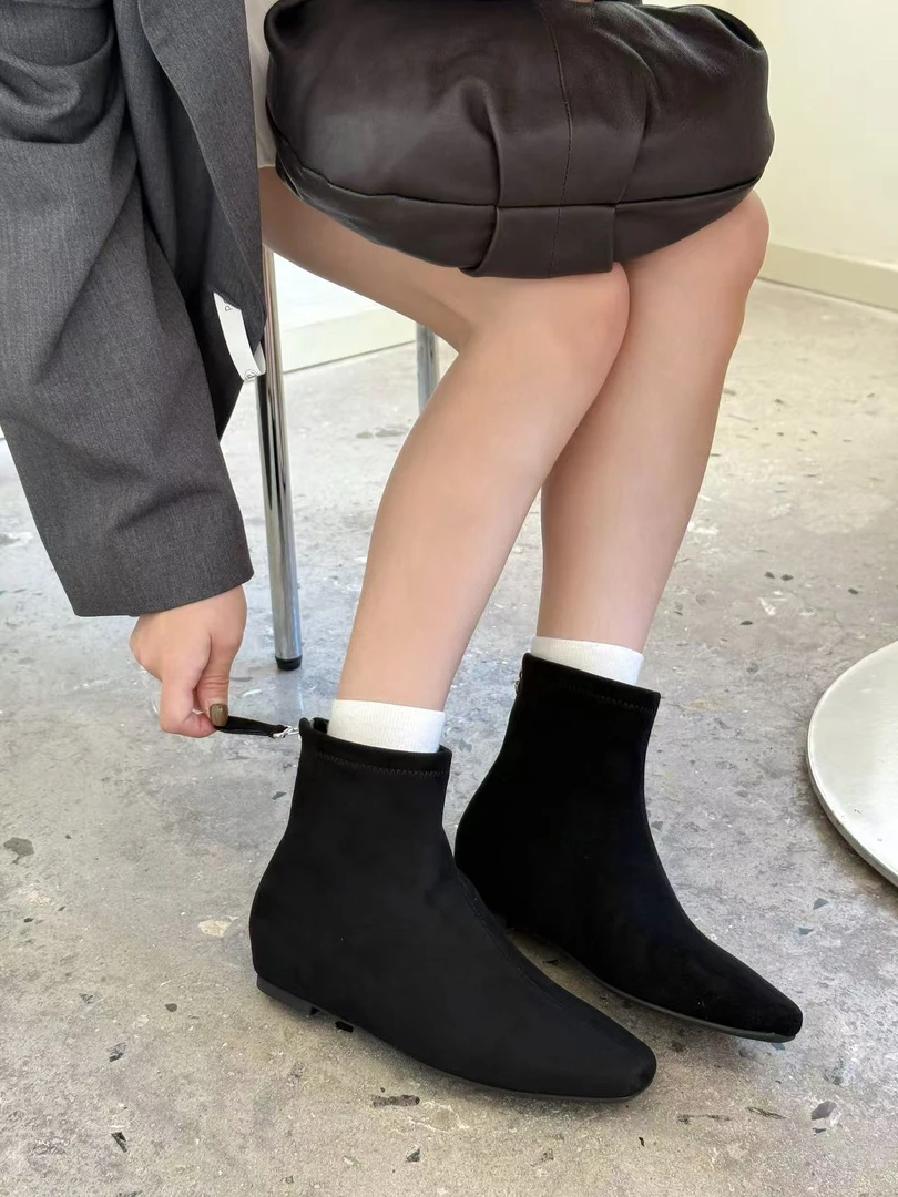 孜禾2025年炸街短靴内增高方头鞋后拉链瘦瘦靴秋冬女士靴子微弹力