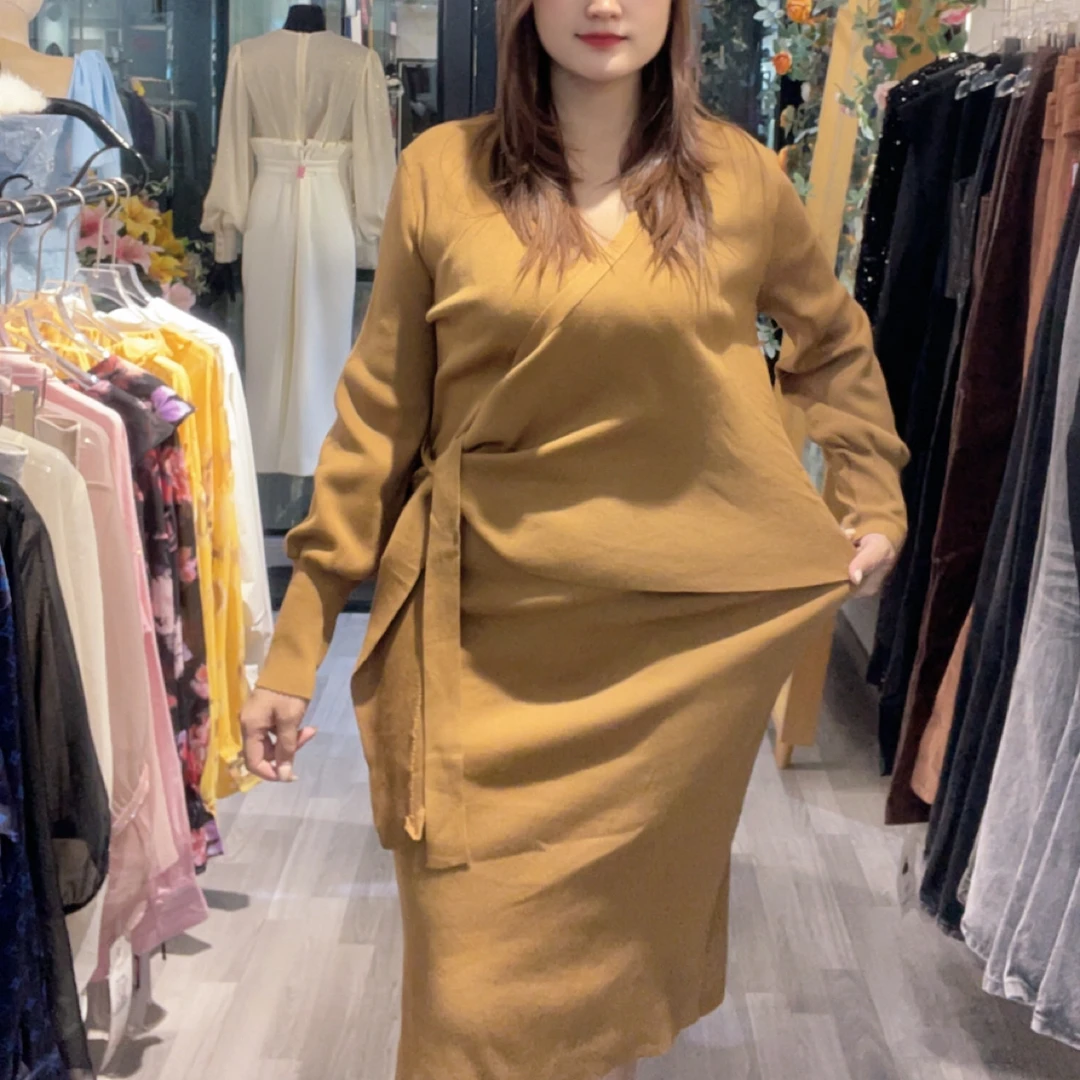 V领系带设计气质修身长款长袖秋季女装连衣裙