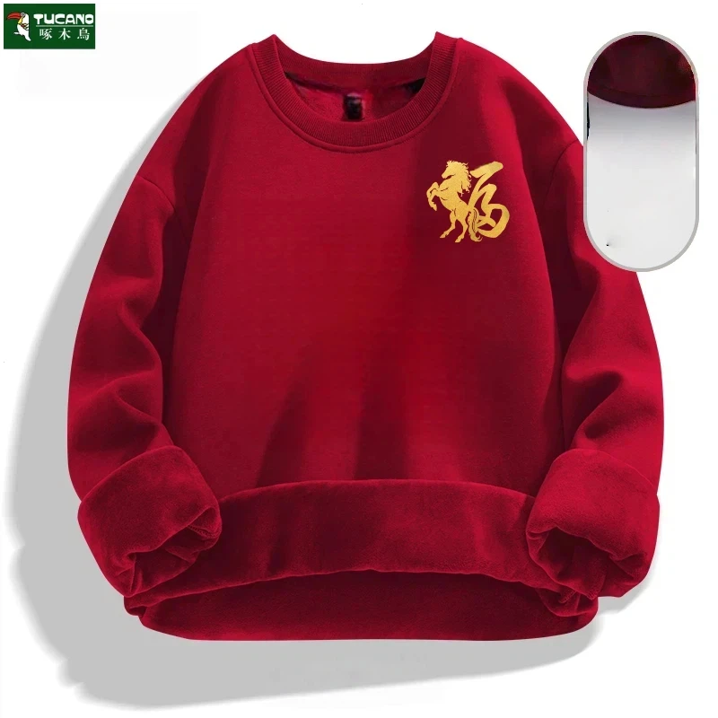 啄木鸟2026新款酒红色卫衣男女款冬季加绒马年本命年新年上衣服厚