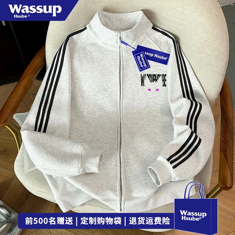 WASSUP HSUBE街头风卡通猫眼印花开衫卫衣男女秋冬宽松三条杠外套