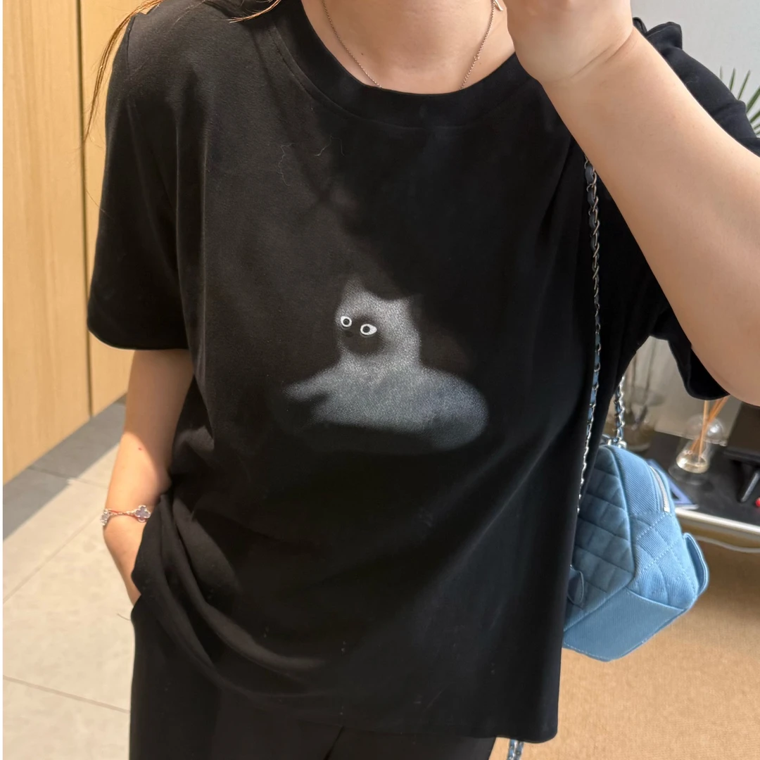 夏季新款美式复古猫咪印花黑色正肩显瘦上衣宽松大码女装微胖mm