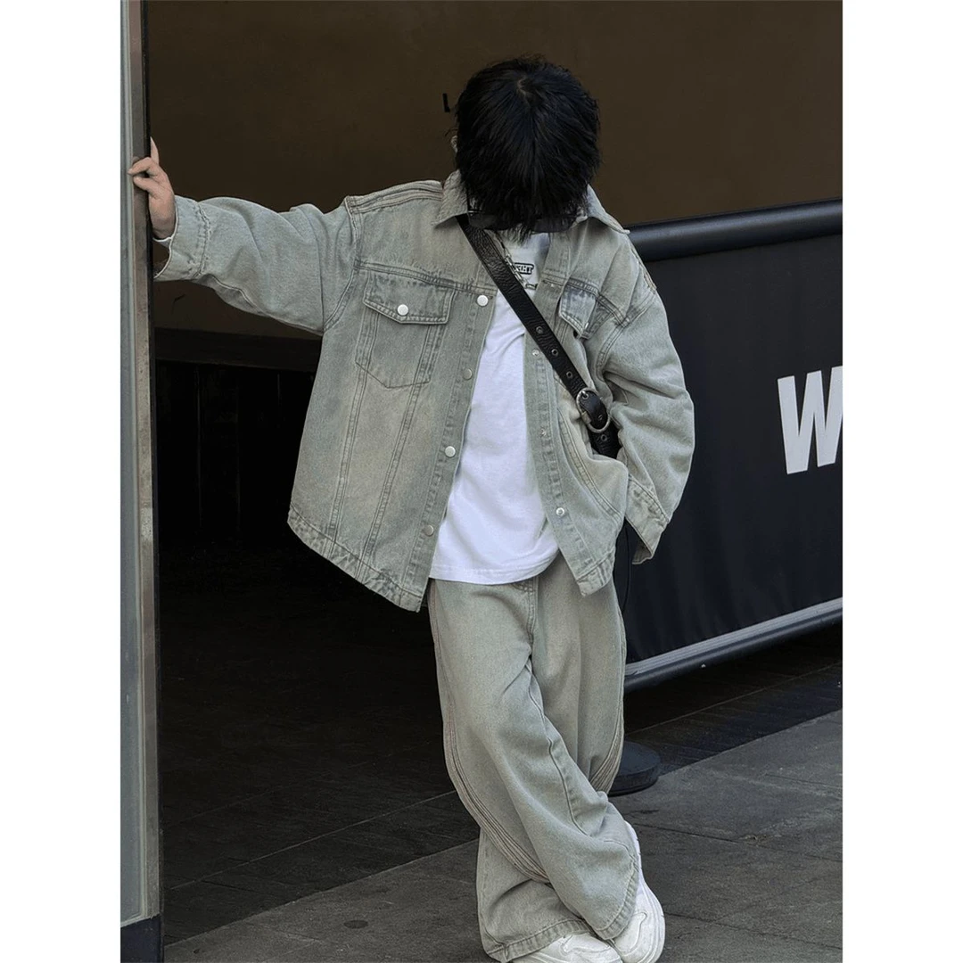 男童韩版潮流复古长袖外套2025年春款新品中大童百搭宽松牛仔套装