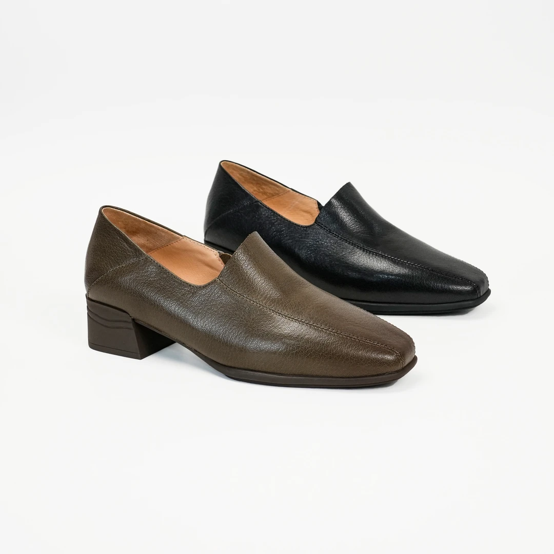 3厘米跟高春季新款单鞋时尚休闲百搭真皮粗跟英伦风方头中跟简约