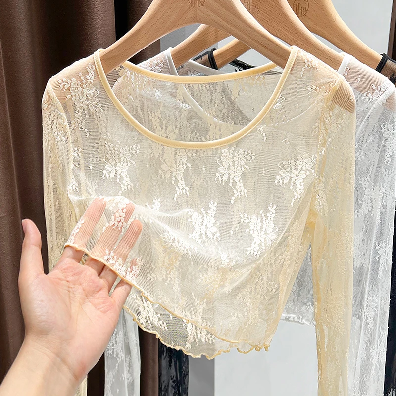 勾花圆领镂空网纱长袖上衣夏季新款正肩蕾丝短款打底衫薄款内搭女