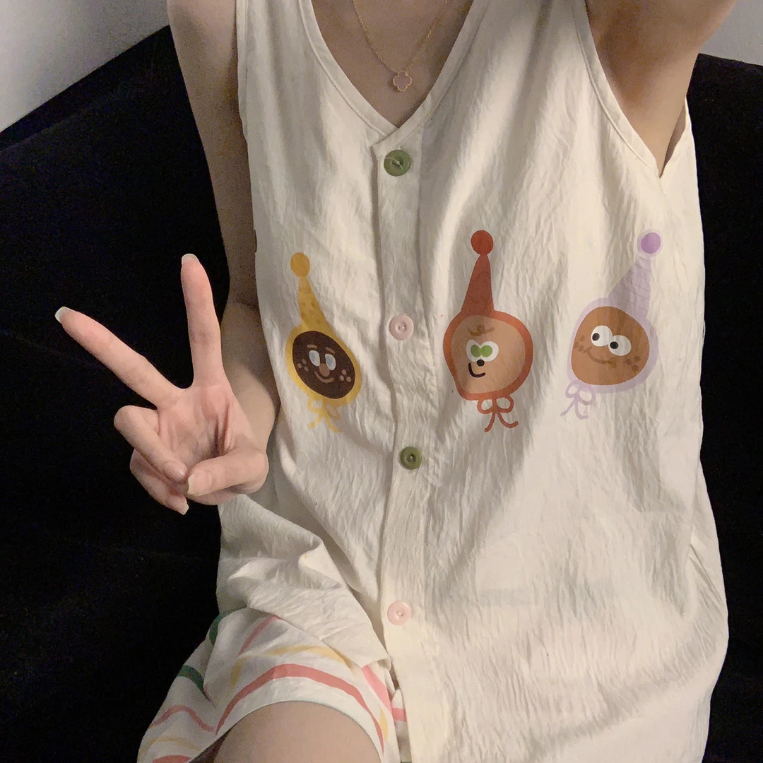 夏季ins性感背心睡衣女款带胸垫彩色条纹韩系网红宽松家居服套装