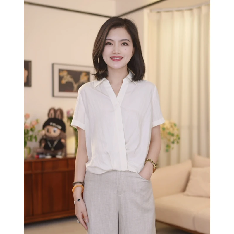 枫竺阿楠anan 不规则翻领白色衬衫女夏季新款休闲百搭短袖上衣