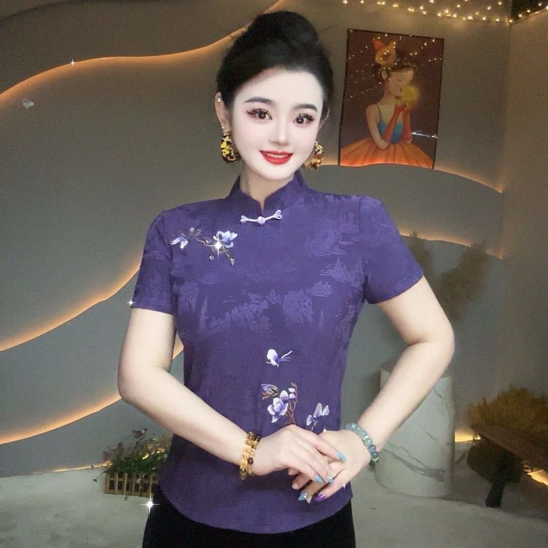 【重磅新款】新中式国风旗袍领玉兰花开爆款洋气重工短袖打底衫女