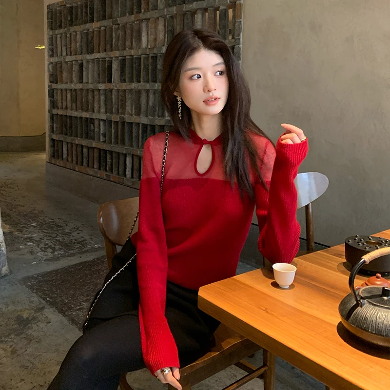 【赤华】RARE ME新年红新中式立领打底衫修身微透针织上衣