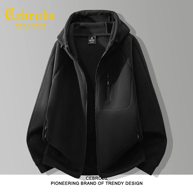 法国Cebrodz摇粒绒外套男士大码秋冬季加绒加厚保暖连帽男士卫衣