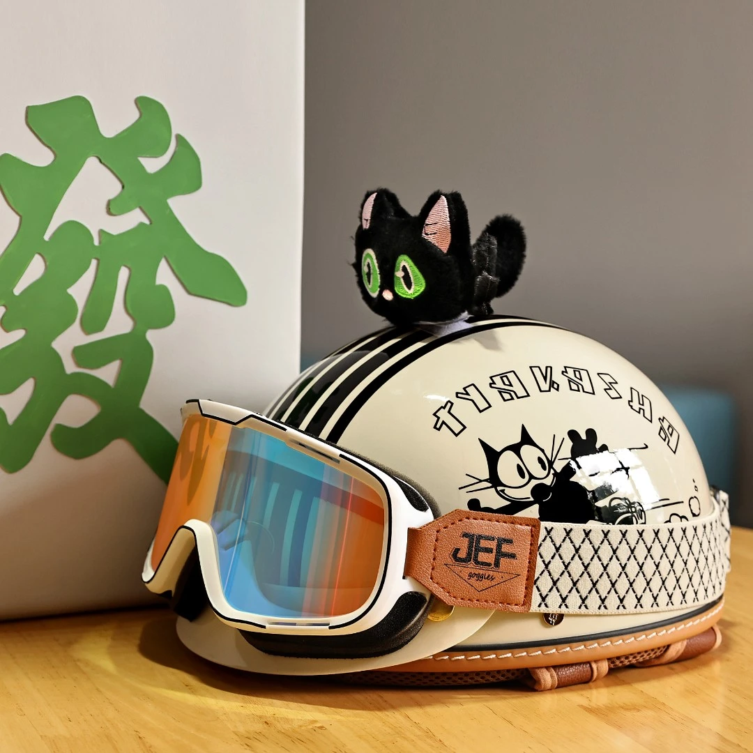 JEF台湾复古版画头盔电动车摩托车通用夏季凉感内衬轻便半盔