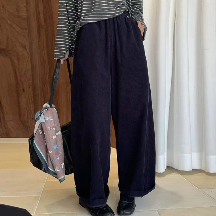 qianbeisi纤贝思763灯芯绒休闲裤女2025秋冬韩版松紧腰全棉阔腿裤