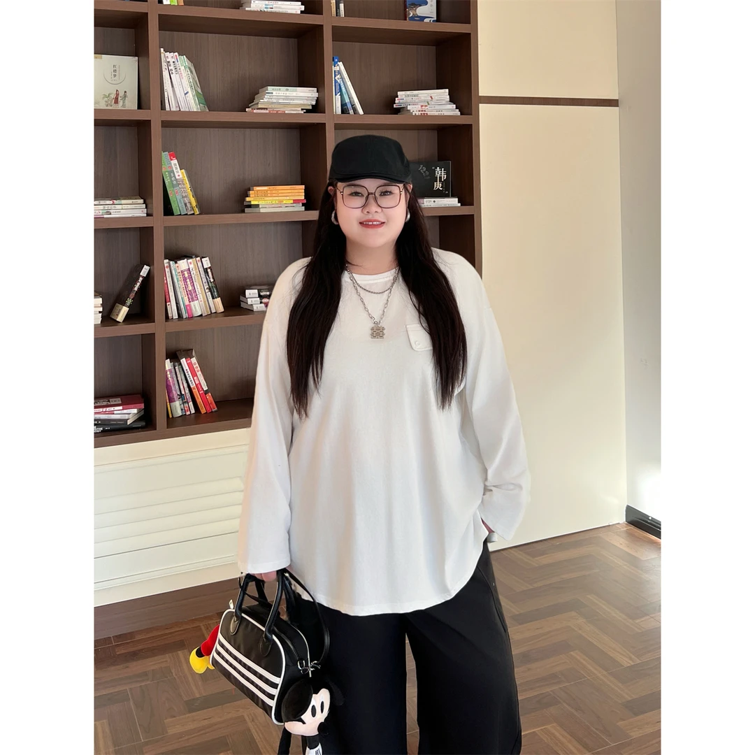 大码女装秋季百搭花契200斤胖mm时尚设计感宽松慵懒风T恤15592-X