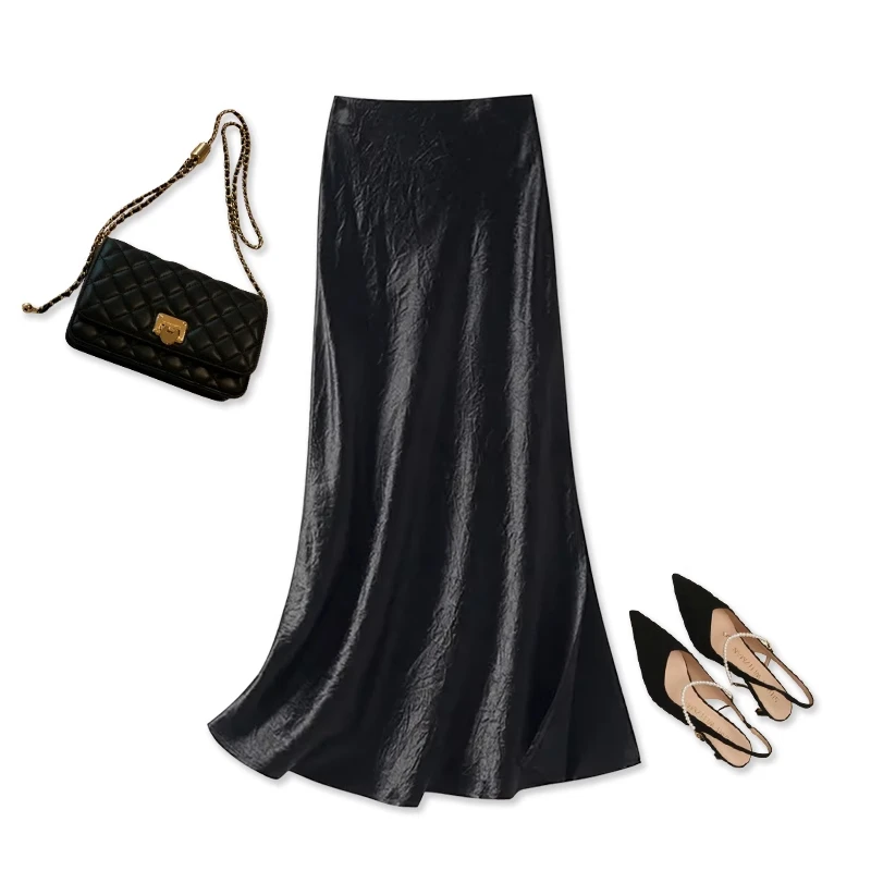 拉夏贝尔修身显瘦醋酸缎面半身裙2025年新款一步裙秋冬包臀鱼尾裙