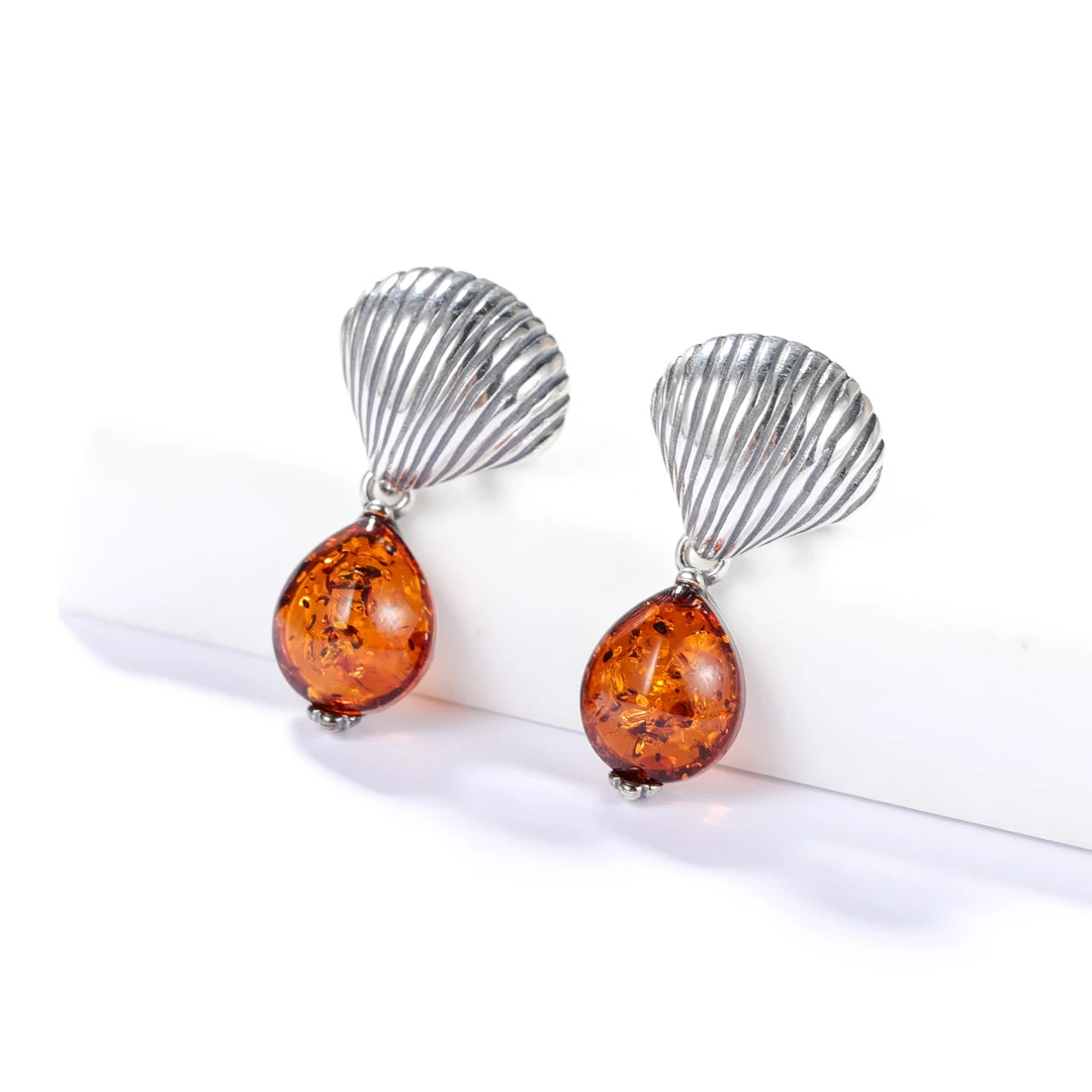 S&A赛吉琥珀耳环耳饰时尚百搭S925银镶琥珀耳坠花珀