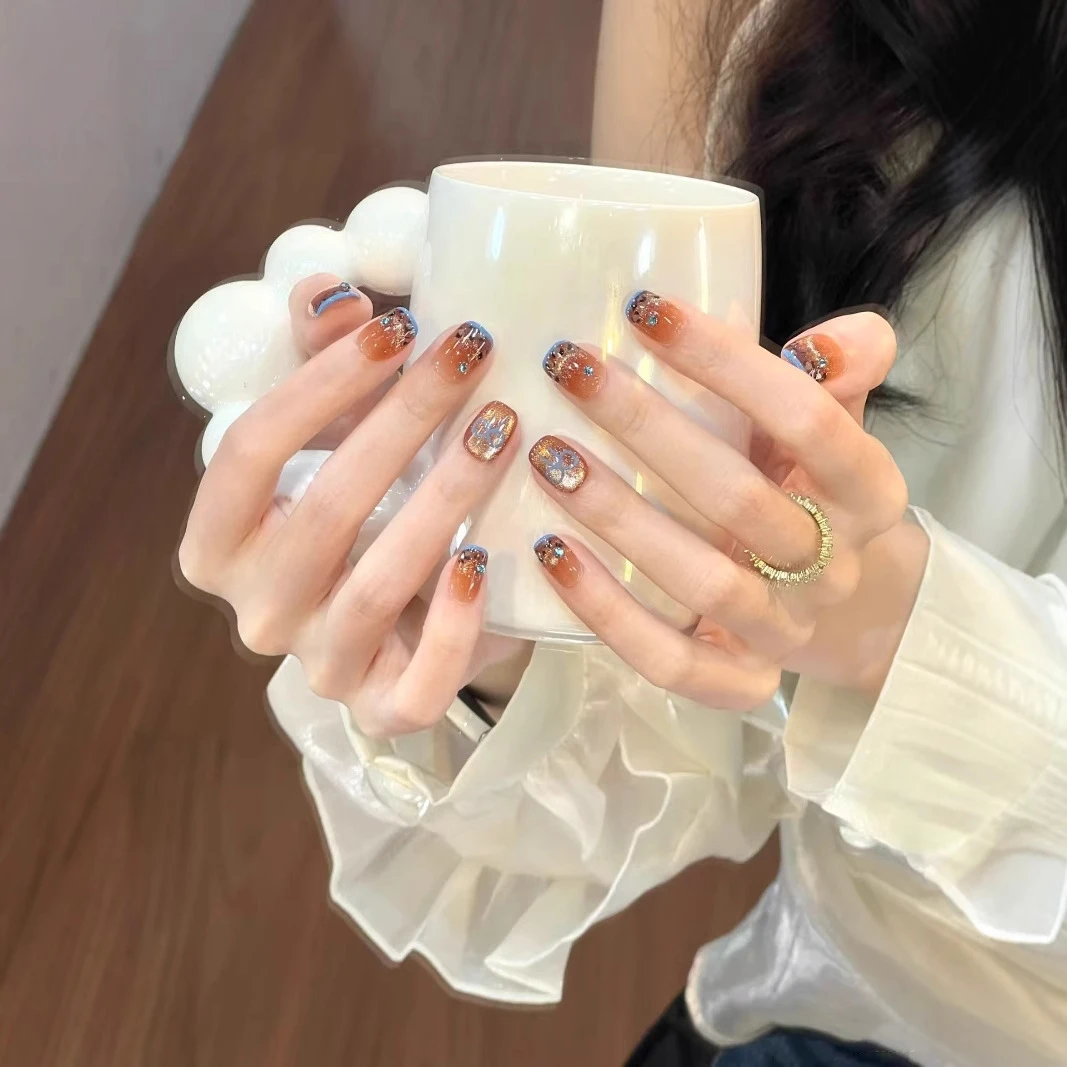 手工穿戴甲夏日琥珀色猫眼蓝色法式芭蕾风甲片高级感显白学生美甲