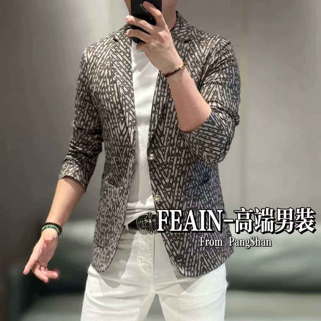 高端男士弹力莱卡折线纹理印花立体修身裁剪小西装6622