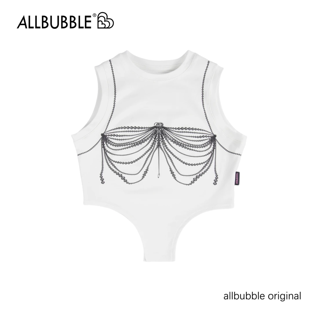 Allbubble原创城市路线白色珠链印花无袖假连体背心