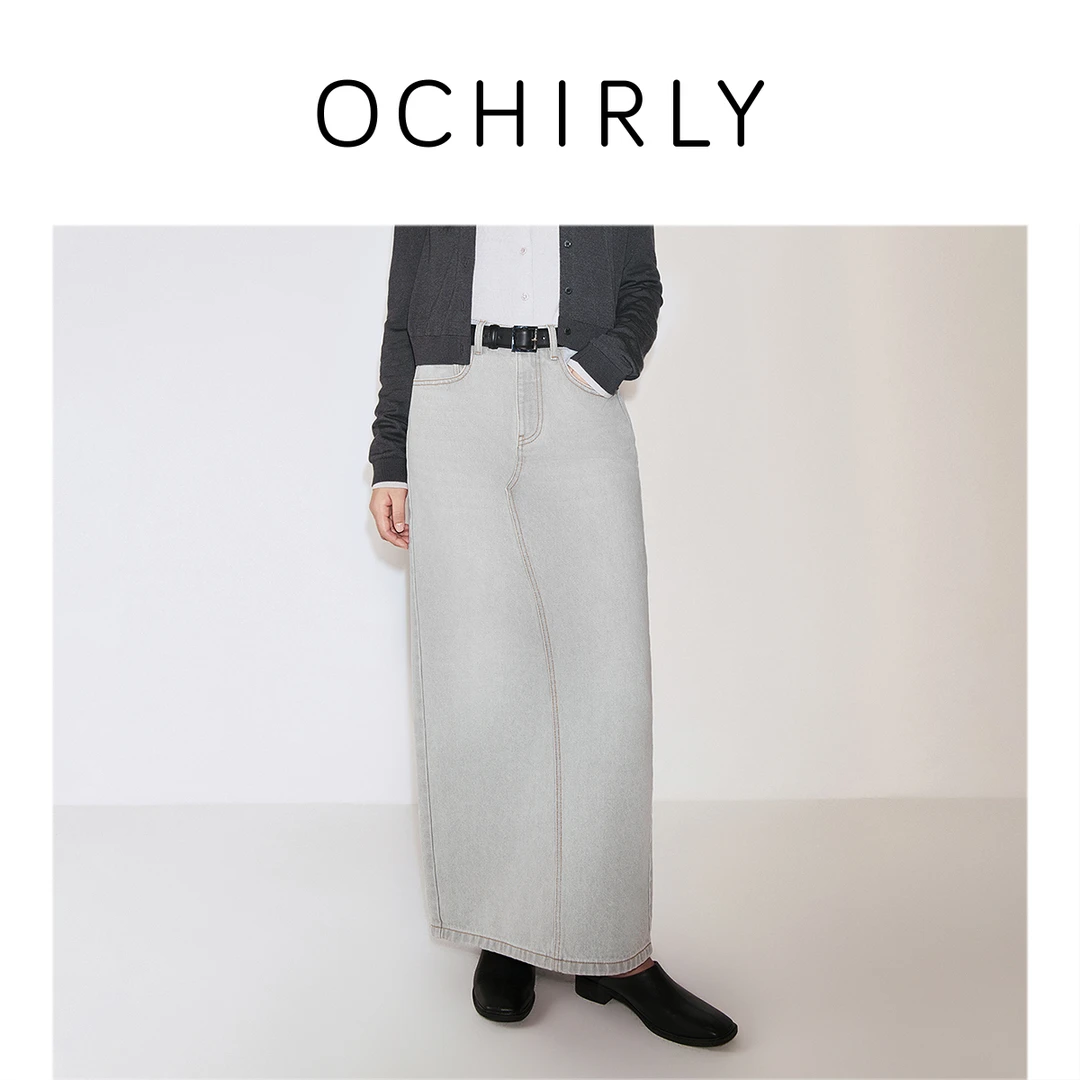 ochirly纯棉直筒长裙牛仔半身裙开衩复古松弛秋季