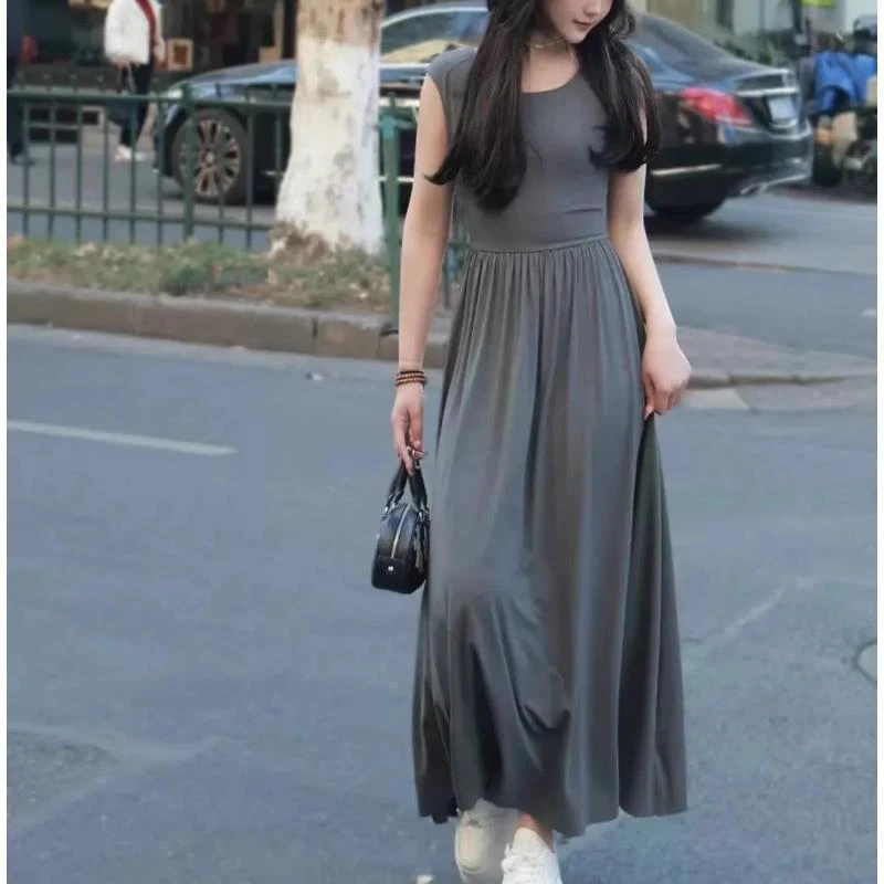商场同款女装气质优雅高腰连衣裙纯色弹力背心无袖长裙夏季550031
