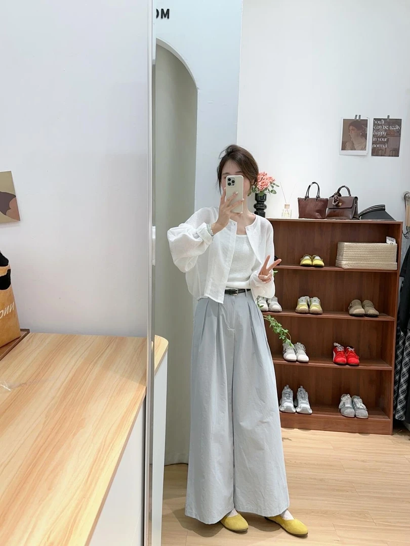 【赛木里湖】时尚休闲气质白色短款外套鸡蛋黄高腰休闲白色长裤套装