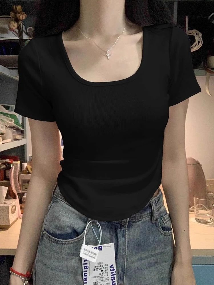 短袖T恤女方领弧形辣妹修身显瘦短款冰丝螺纹上衣夏季短款打底衫