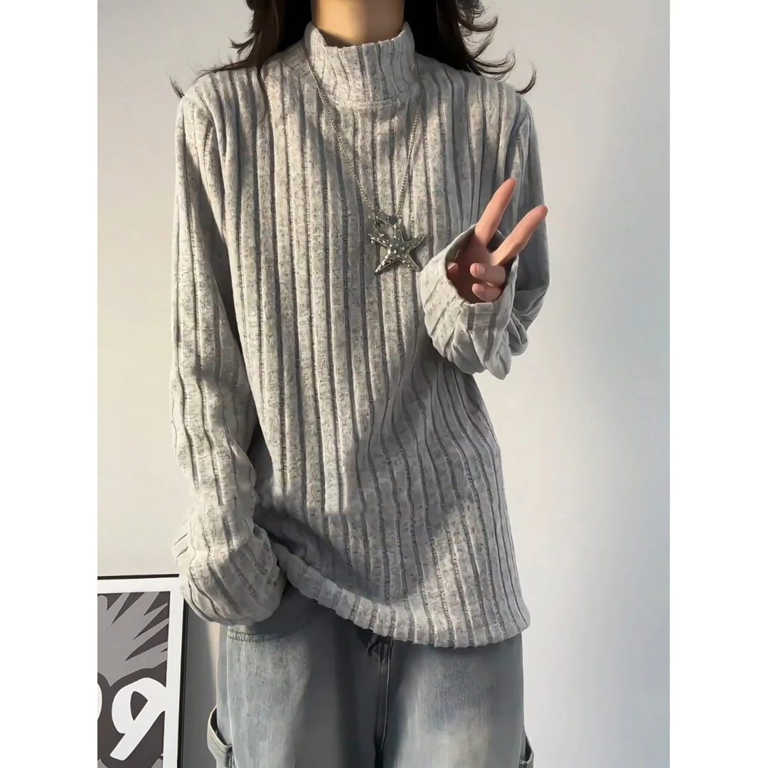 浅灰色半高领条纹打底衫男秋冬款不易起球加绒针织衫老钱风毛衣